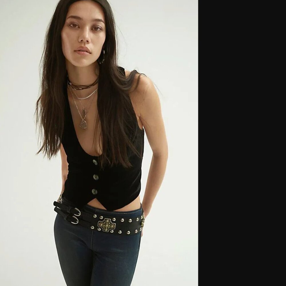 We The Free Black Button-Front Velvet Vest